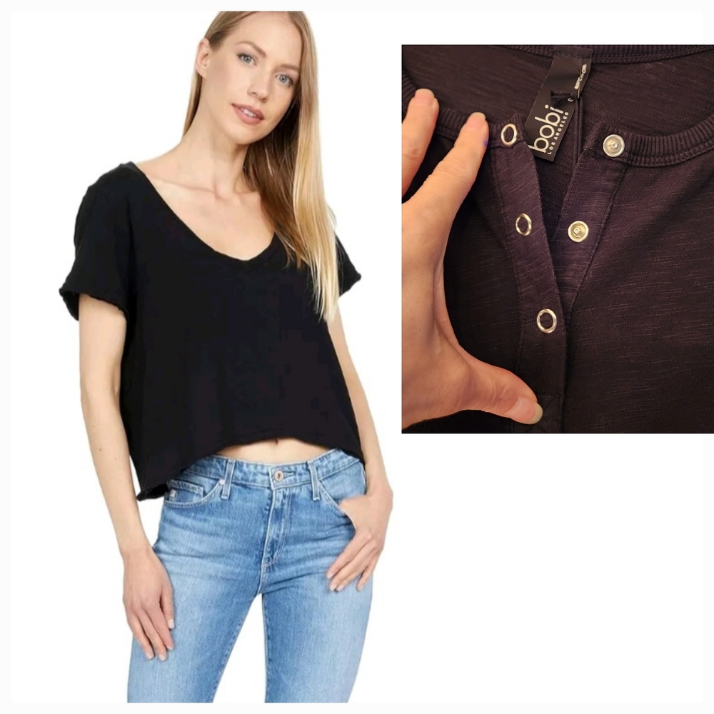 BOBI Los Angeles Relaxed Cropped Button V-neck Boxy Tee In Black Size Small